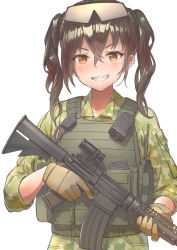 Rule 34 | 1girl, black hair, blush, brown eyes, brown gloves, camouflage, camouflage jacket, commentary request, gloves, grin, gun, hair between eyes, highres, holding, holding gun, holding weapon, idolmaster, idolmaster cinderella girls, idolmaster cinderella girls starlight stage, jacket, long hair, looking at viewer, medium hair, military, military uniform, sharp teeth, shoukichi (shony), simple background, smile, sunazuka akira, teeth, twintails, uniform, weapon, white background