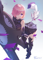 Rule 34 | 1girl, animal, armor, armored dress, bare shoulders, black gloves, black socks, black thighhighs, boots, breasts, commentary request, dated, fate/grand order, fate (series), fou (fate), gloves, hair over one eye, highres, holding, holding shield, large breasts, light purple hair, mash kyrielight, pink thighhighs, purple eyes, shield, short hair, signature, smile, socks, thigh boots, thighhighs, tienao
