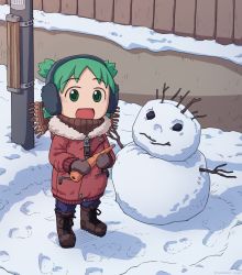 Rule 34 | 1girl, :d, absurdres, boots, brown footwear, carrot, child, coat, earmuffs, food, footprints, fur-trimmed coat, fur trim, furin94, green eyes, green hair, highres, holding, holding food, hood, hooded coat, koiwai yotsuba, looking at viewer, open mouth, quad tails, red coat, scarf, short hair, smile, snow, snowman, solo, standing, utility pole, winter clothes, winter coat, yotsubato!, zipper, zipper pull tab