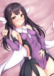 Rule 34 | 1girl, absurdres, black hair, blush, breasts, brown eyes, cape, detached sleeves, fate/kaleid liner prisma illya, fate (series), gmkj, hair ornament, hairclip, hand on own stomach, highres, leotard, long hair, low twintails, lying, miyu edelfelt, on back, purple leotard, revision, small breasts, solo, thigh strap, twintails, white cape