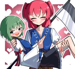Rule 34 | 2girls, :d, black skirt, blue vest, blush, breasts, bright pupils, carrying, cleavage, closed eyes, closed mouth, green eyes, green hair, green nails, hair bobbles, hair ornament, heart, holding, holding scythe, long sleeves, looking at viewer, multiple girls, nail polish, onozuka komachi, open mouth, outline, outside border, princess carry, red eyes, red hair, red nails, ribbon-trimmed skirt, ribbon trim, scythe, shiki eiki, short hair, skirt, smile, spam (spamham4506), sweatdrop, touhou, two side up, vest, white outline, white pupils, wide sleeves, yuri