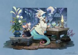 Rule 34 | 2023, alchemy, artist name, desk, flower, furry, highres, light, lizard, mammalian, mouse (animal), murayama ryota, ovopack, plant, potion, reptile, reptile boy, size difference, standing, tail, white fur, white hair