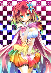 Rule 34 | 10s, 1girl, bare shoulders, blue eyes, blush, breasts, checkered background, cleavage, dress, flower, gradient hair, hair flower, hair ornament, highres, hijiki meshi, large breasts, md5 mismatch, multicolored clothes, multicolored dress, multicolored hair, no game no life, rainbow gradient, short hair, solo, stephanie dora