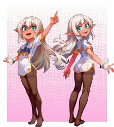 Rule 34 | 2girls, ass, check copyright, copyright request, dress, elf, feet, flat chest, full body, green eyes, grey hair, highres, legs, long hair, looking at viewer, multiple girls, no shoes, open mouth, original, pantyhose, pointing, pointing up, pointy ears, sailor dress, sharp teeth, short dress, siblings, sisters, smile, tan, teeth, thighband pantyhose, toes, tsukiyono aroe, twins, white dress