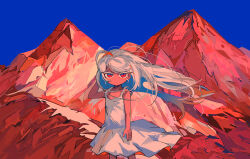 Rule 34 | 1girl, absurdres, adjusting hair, arm at side, arm behind head, backlighting, bare shoulders, blue hair, blue sky, closed mouth, colored inner hair, commentary, dawn, dress, expressionless, eyelashes, flat chest, floating clothes, floating hair, german commentary, highres, jitome, long hair, looking at viewer, messy hair, mixed-language commentary, mole, mole under eye, mountain, multicolored hair, original, red eyes, red hair, red theme, sky, sleeveless, sleeveless dress, slit pupils, solo, streaked hair, sundress, sunrise, terada tera, twilight, two-tone hair, upturned eyes, very long hair, video available, white dress, white hair, wind, wind lift