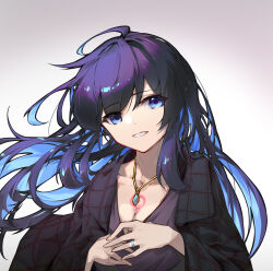 Rule 34 | 1girl, black jacket, blue eyes, blue hair, blue shirt, breasts, chest tattoo, cleavage, colored inner hair, commentary request, gradient background, highres, honkai (series), honkai impact 3rd, jacket, jacket on shoulders, jewelry, large breasts, linxi, looking at viewer, multicolored hair, necklace, ring, seele vollerei, shirt, simple background, smile, solo, tattoo, upper body