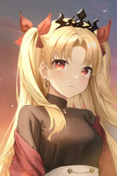 Rule 34 | 1girl, animal, bad id, bad twitter id, bird, black sweater, blonde hair, blush, closed mouth, commentary, earrings, english commentary, ereshkigal (fate), fate/grand order, fate (series), hair ribbon, highres, jacket, jewelry, kyo (maae00), long hair, necklace, off shoulder, outdoors, parted bangs, red eyes, red jacket, red ribbon, ribbon, skull necklace, sky, solo, sweater, tiara, turtleneck, turtleneck sweater, two side up, upper body, very long hair