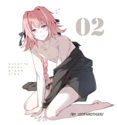 Rule 34 | 1boy, artist name, astolfo (fate), bishounen, black bow, black ribbon, black shirt, blush, bow, braid, copyright name, fang, fate/apocrypha, fate (series), from side, hair intakes, hair ribbon, leopardtiger, long braid, long hair, looking at viewer, male focus, multicolored hair, no pants, numbered, open clothes, open shirt, pink hair, purple eyes, ribbon, seiza, shirt, shirt slip, simple background, single braid, sitting, solo, streaked hair, white background