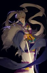 Rule 34 | 1girl, absurdres, black background, facial mark, forehead mark, highres, holding, holding sword, holding weapon, inuyasha, japanese clothes, jewelry, kimono, long hair, necklace, pointy ears, purple lips, rekaerb maerd, sesshoumaru&#039;s mother, silver hair, solo, standing, sword, twintails, weapon, yellow eyes