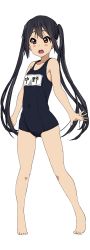 Rule 34 | 1girl, barefoot, black hair, blush, brown eyes, full body, highres, k-on!, long hair, looking at viewer, md5 mismatch, nakano azusa, one-piece swimsuit, open mouth, round teeth, school swimsuit, solo, swimsuit, teeth, transparent background, twintails, watanore
