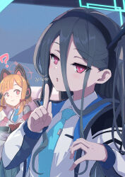 Rule 34 | &lt;key&gt; (blue archive), 2girls, :3, ?, absurdly long hair, animal ear headphones, animal ears, black hair, blue archive, blunt bangs, blurry, breast pocket, cat ear headphones, collared shirt, commentary request, depth of field, fake animal ears, finger to mouth, hair between eyes, hair ribbon, halo, headphones, highres, hood, hooded coat, hooded jacket, index finger raised, jacket, long hair, long sleeves, looking at viewer, momoi (blue archive), multiple girls, necktie, one side up, open clothes, open jacket, parted bangs, parted lips, pocket, purple eyes, red eyes, ribbon, school uniform, shirt, short hair, sidelocks, solo focus, suspenders, translation request, tress ribbon, very long hair, yucblossom