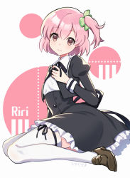 Rule 34 | 1girl, assault lily, black jacket, black skirt, brown eyes, brown footwear, character name, closed mouth, frilled skirt, frills, hair between eyes, highres, hitotsuyanagi riri, jacket, juliet sleeves, loafers, long sleeves, looking at viewer, looking to the side, mugi (iccomae), one side up, pink hair, puffy sleeves, shirt, shoes, sitting, skirt, smile, solo, thighhighs, translation request, wariza, white background, white shirt, white thighhighs