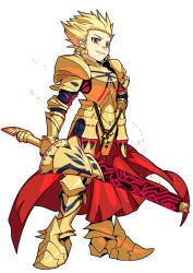 Rule 34 | 1boy, absurdres, armor, blonde hair, boots, ea (fate/stay night), earrings, fate/stay night, fate (series), full body, gilgamesh (fate), gold armor, hand on own hip, highres, holding, holding sword, holding weapon, jewelry, looking at viewer, male focus, mioshi (vixis340), red eyes, simple background, smile, solo, standing, sword, transparent background, weapon, white background