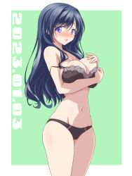 Rule 34 | 1girl, black bra, black hair, black panties, blush, bra, breast hold, breasts, cleavage, commentary request, cowboy shot, dated, frown, green background, groin, hand on own chest, highres, kikuchi tsutomu, large breasts, long hair, looking at viewer, navel, open mouth, original, outside border, panties, purple eyes, simple background, solo, standing, strap slip, sweat, sweatdrop, underwear, underwear only