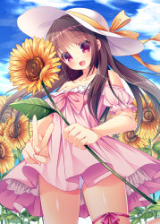 Rule 34 | 1girl, :d, bare shoulders, blue sky, blush, brown hair, cloud, cloudy sky, collarbone, commentary request, cowboy shot, day, dress, fang, field, flower, flower field, frilled sleeves, frills, fujikura ryuune, hat, hat ribbon, head tilt, holding, holding flower, leg ribbon, long hair, off-shoulder dress, off shoulder, open mouth, original, outdoors, panties, pantyshot, pink dress, pink ribbon, puffy short sleeves, puffy sleeves, red eyes, ribbon, short dress, short sleeves, sidelocks, sky, smile, solo, standing, strapless, strapless dress, sun hat, sunflower, sunflower field, tareme, underwear, v, white hat, white panties, yellow ribbon