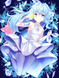 Rule 34 | 10s, 1girl, bare shoulders, blue eyes, blue flower, blue hair, blush, breasts, closed mouth, collarbone, commentary request, crystal, detached sleeves, dress, flower, gundam, gundam build divers, hair between eyes, haro, holding, holding star, kabocha usagi, knees together feet apart, light blue hair, long hair, long sleeves, looking at viewer, momoharo, pantyhose, purple pantyhose, sara (gundam build divers), shoes, small breasts, solo, star (symbol), very long hair, white dress, white footwear, white pantyhose, yashiro momoka