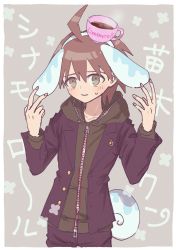 Rule 34 | 1boy, absurdres, ahoge, animal ears, black jacket, blush, border, brown background, brown eyes, brown hair, closed mouth, cowboy shot, cup on head, danganronpa: trigger happy havoc, danganronpa (series), fake animal ears, fake tail, green jacket, hands up, highres, hood, hood down, hooded jacket, jacket, looking at viewer, male focus, misoko (toomuchsushi), naegi makoto, open clothes, open jacket, solo, squirrel ears, squirrel tail, sweatdrop, tail, white border