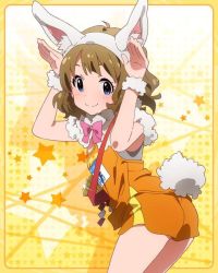 Rule 34 | 10s, 1girl, ahoge, animal ears, ass, blue eyes, blush, border, bow, bowtie, breasts, brown hair, capelet, cowboy shot, fake animal ears, fake tail, fur trim, glint, hairband, hands up, idolmaster, idolmaster million live!, kemonomimi mode, leaning forward, light smile, looking at viewer, looking back, name tag, official art, orange background, parted bangs, paw pose, rabbit ears, rabbit pose, rabbit tail, shadow, short hair, short shorts, shorts, single vertical stripe, small breasts, smile, solo, sportswear, standing, star (symbol), starry background, suou momoko, tail, tank top, tasuki, track and field, wristband