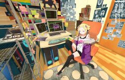 1girl bedroom blonde_hair bookshelf capella_emerada_lugnica carpet chair computer computer_keyboard computer_mouse computer_tower crossover door feet fur_trim gaming_chair hair_ornament headphones jacket manga_(object) monitor mulitcoloured_hair office_chair orange_hair persona persona_5 pink_eyes re:zero_kara_hajimeru_isekai_seikatsu room sakura_futaba sakura_futaba_(cosplay) shirt shorts sticky_note swivel_chair thighhighs tongue variant_set x-ray yumekaleid