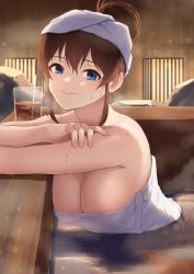 Rule 34 | 1girl, arm rest, blue eyes, blush, breasts, brown hair, cleavage, closed mouth, cup, drinking straw, hair bun, idolmaster, idolmaster million live!, idolmaster million live! theater days, kamille (vcx68), large breasts, looking at viewer, naked towel, onsen, partially submerged, satake minako, single hair bun, smile, solo, steam, towel, towel on head, water, wet