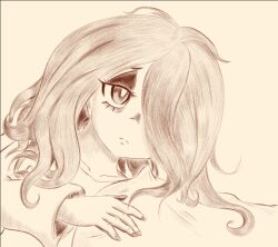 Rule 34 | 1girl, collarbone, commentary, english commentary, eyeshadow, jovel (user pajs4547), light frown, little witch academia, makeup, medium hair, messy hair, monochrome, pillow, portrait, solo, sucy manbavaran, under covers, waking up