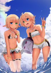 Rule 34 | 1boy, 1girl, ahoge, aura bella fiora, ball, bare shoulders, beachball, bikini, bikini under clothes, bird, blonde hair, blue eyes, blue sky, blunt bangs, blush, brother and sister, bulge, closed mouth, cloud, cloudy sky, collarbone, crossdressing, dark elf, day, ear blush, elf, enishi nishimiya, finger to mouth, green eyes, heterochromia, highres, holding, holding ball, looking at viewer, lowleg, lowleg bikini, mare bello fiore, midriff, navel, open mouth, outdoors, overlord (maruyama), pleated skirt, pointy ears, reverse trap, ribbon, seagull, shiny skin, short hair, shorts, siblings, skindentation, skirt, sky, smile, standing, stomach, sweat, swimsuit, teeth, thighhighs, thighs, tomboy, trap, twins, upper teeth only, v, water, white thighhighs, yellow ribbon