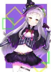 Rule 34 | 1girl, black capelet, black gloves, black hat, black skirt, blunt bangs, blush, border, bow, bowtie, breasts, capelet, commentary request, cowboy shot, crop top, cropped shirt, gloves, grey shirt, hair bun, hair ornament, hat, hexagram hair ornament, highres, hololive, long hair, long sleeves, looking at viewer, lowleg, lowleg skirt, microskirt, midriff, murasaki shion, murasaki shion (1st costume), navel, pink bow, pink bowtie, pinstripe pattern, pinstripe shirt, purple background, purple capelet, shadow, shirt, short eyebrows, side bun, sidelocks, silver hair, single side bun, skirt, small breasts, smile, solo, star (symbol), striped, thighlet, tilted headwear, virtual youtuber, white border, witch hat, yellow eyes, zyunsei777