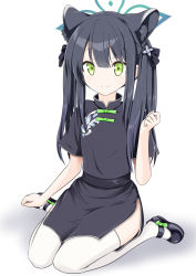 Rule 34 | 1girl, animal ear fluff, animal ears, black dress, black footwear, black hair, blue archive, blunt bangs, china dress, chinese clothes, dress, highres, long hair, mary janes, reon (mrwv3733), ribbon, shoes, short sleeves, shun (blue archive), shun (small) (blue archive), simple background, sitting, smile, solo, thighhighs, tiger ears, twintails, white background, white thighhighs
