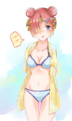 Rule 34 | 1girl, absurdres, bikini, blue bikini, blue eyes, blush, breasts, cleavage, collarbone, double bun, fate/grand order, fate (series), frankenstein&#039;s monster (fate), frankenstein&#039;s monster (swimsuit saber) (first ascension) (fate), hair bun, hair ornament, hair over one eye, highres, horns, iwai minato, looking at viewer, medium breasts, navel, parted lips, pink hair, short hair, single horn, solo, speech bubble, swimsuit, translation request