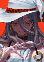 Rule 34 | 1girl, collar, earrings, eyelashes, grin, hat, highres, jewelry, long hair, looking at viewer, nail polish, original, red background, red eyes, red nails, skyn blue, slit pupils, smile, snake hair, solo, teeth, witch hat