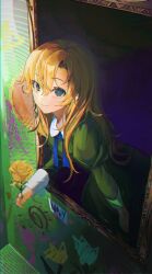 Rule 34 | 1girl, absurdres, blonde hair, blue eyes, closed mouth, collar, collared dress, dress, flower, green dress, hair between eyes, highres, holding, ib (kouri), juliet sleeves, long hair, long sleeves, looking at viewer, mary (ib), near 181, painting (object), picture frame, puffy sleeves, rose, smile, solo, through medium, through painting, wall, white collar, yellow flower, yellow rose