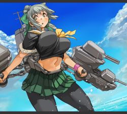 Rule 34 | 10s, 1girl, black pantyhose, blue sky, bouncing breasts, bow, breasts, cloud, crop top, day, green skirt, grey hair, groin, hair bow, kantai collection, large breasts, letterboxed, machinery, navel, open mouth, pantyhose, pleated skirt, ponytail, sachito, school uniform, serafuku, short hair, short sleeves, skirt, sky, solo, turret, water, yuubari (kancolle)