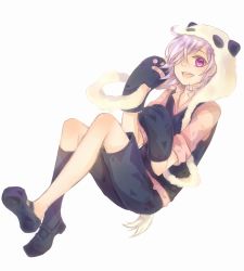 Rule 34 | 10s, androgynous, animal hands, gender request, hair over one eye, inga, open mouth, panda hat, purple eyes, purple hair, r5122007, short hair, simple background, single sock, smile, socks, solo, tail, un-go, vest, waistcoat