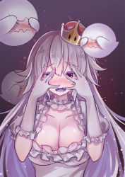 Rule 34 | 1girl, blush, boo (mario), breasts, cleavage, covering own eyes, dress, elbow gloves, fangs, gloves, highres, large breasts, long hair, looking at viewer, luigi&#039;s mansion, mario (series), new super mario bros. u deluxe, nintendo, open mouth, pale skin, princess king boo, purple eyes, scarlet dango, solo, super crown, upper body, white dress, white gloves, white hair