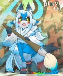 Rule 34 | 1girl, :3, animal ear fluff, animal ears, animal feet, animal nose, text background, barefoot, blue fur, blue hair, blue kimono, blue ribbon, blush, body fur, bracelet, calligraphy brush, character name, crossed bangs, english text, fang, female focus, flat chest, fox ears, fox girl, fox tail, full body, furry, furry female, hair between eyes, hair ribbon, hands up, happy, highres, holding, holding brush, japanese clothes, jewelry, kame (3t), kimono, layered sleeves, leg up, long hair, long sleeves, looking to the side, multicolored background, multicolored fur, multicolored hair, open mouth, paint, paintbrush, pixiv, pixiv-tan, pixiv logo, rainbow gradient, ribbon, sash, short kimono, short over long sleeves, short sleeves, sidelocks, slit pupils, smile, snout, solo, standing, standing on one leg, tail, two-tone hair, white fur, wide sleeves, yellow eyes