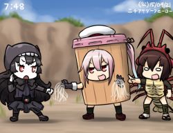 Rule 34 | &gt;:d, &gt;:o, 3girls, :d, :o, abyssal ship, beret, black hair, blue hair, brown hair, colored skin, costume, cup ramen, dated, food, gloves, gradient hair, hair ribbon, hamu koutarou, harusame (kancolle), hat, ise (kancolle), isolated island oni, kamen rider, kantai collection, lobster, long hair, multicolored hair, multiple girls, name connection, noodles, o o, object namesake, open mouth, pantyhose, parody, pink hair, pointing, red eyes, ribbon, side ponytail, smile, translation request, v-shaped eyebrows, white skin