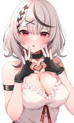 Rule 34 | 1girl, arm strap, bare shoulders, black collar, black gloves, blush, braid, breasts, camisole, cleavage, collar, finger heart, fingerless gloves, frills, gloves, grey hair, hair ornament, hands up, heart pendant, highres, hololive, large breasts, looking at viewer, medium hair, multicolored hair, namagome negi, open mouth, raised eyebrows, red eyes, sakamata chloe, simple background, solo, streaked hair, upper body, virtual youtuber, white background, white camisole, x hair ornament