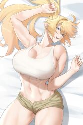 Rule 34 | 1girl, :d, abs, absurdres, anagumasan, arm up, bare shoulders, bed sheet, blonde hair, blue eyes, breasts, cleavage, collarbone, commentary request, commission, cowboy shot, crop top, groin, hair between eyes, highres, large breasts, long hair, looking at viewer, lying, midriff, muscular, navel, on back, open fly, open mouth, original, pointy ears, ponytail, shadow, shirt, short shorts, shorts, sidelocks, skeb commission, smile, solo, tank top, taut clothes, taut shirt, teeth, upper teeth only, white tank top, yellow shorts