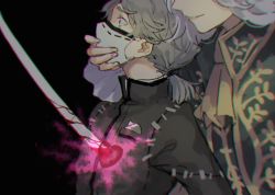 Rule 34 | aesop carl, black background, blood, bloody weapon, chromatic aberration, ascot, glowing, grey hair, gumegume, hand on another&#039;s chin, heart, identity v, impaled, joseph desaulniers, long hair, long sleeves, male focus, mask, mouth mask, parted lips, ponytail, simple background, smile, stab, stitches, surgical mask, sword, weapon, white hair, wide-eyed