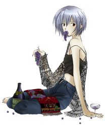 Rule 34 | 1girl, ayanami rei, bare shoulders, barefoot, blue hair, bottle, breasts, camisole, denim, eating, food, fruit, full body, glass, grapes, holding, holding food, holding fruit, midriff, mouth hold, navel, neon genesis evangelion, off shoulder, pants, red eyes, see-through, short hair, silver hair, simple background, sitting, small breasts, solo, tank top, white background