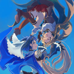 Rule 34 | 2girls, asymmetrical legwear, belt, blouse, blue background, blue eyes, blue hair, boots, brown capelet, brown cloak, brown corset, cape, capelet, cloak, closed eyes, corset, detached sleeves, feather hair ornament, feathers, floating, gloves, hair ornament, head chain, headdress, highres, hololive, hololive english, jewelry, kisuu (oddnumberr ), knee strap, kneehighs, laughing, long hair, multiple girls, nanashi mumei, ouro kronii, partially fingerless gloves, pinstripe pattern, pleated skirt, ponytail, red skirt, ribbon, ribbon earrings, shirt, short hair, single kneehigh, single sock, single thighhigh, skirt, socks, striped, thigh strap, thighhighs, turtleneck, upside-down, very long hair, virtual youtuber, white shirt