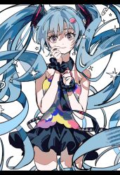 Rule 34 | 1girl, adjusting headset, bare shoulders, belt, black necktie, black scrunchie, black skirt, blue hair, blue shirt, closed mouth, collarbone, cowboy shot, dot nose, floating hair, hair between eyes, hair ornament, hand up, hatsune miku, head tilt, headset, highres, inu totemo, long bangs, long hair, looking at viewer, loose belt, microphone, miniskirt, multicolored shirt, necktie, number tattoo, pink eyes, pink shirt, pleated skirt, scrunchie, shirt, sidelocks, simple background, skirt, sleeveless, sleeveless shirt, smile, solo, straight-on, tattoo, tell your world (vocaloid), thick thighs, thighs, twintails, very long hair, vocaloid, white background, wrist scrunchie, yellow shirt
