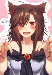 Rule 34 | 1girl, animal ears, blush, brooch, brown hair, claw pose, dress, fangs, fingernails, imaizumi kagerou, jewelry, kikugetsu, long fingernails, looking at viewer, nail polish, off shoulder, open mouth, pink background, red eyes, solo, text focus, touhou, upper body, wolf ears
