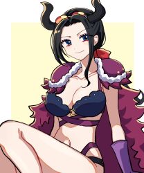Rule 34 | 1girl, absurdres, armor, bikini, black hair, blue eyes, border, cape, commentary request, eyewear on head, fur cape, gloves, hair ribbon, highres, horns, kasuga kaya, korean commentary, looking to the side, nico robin, one piece, ponytail, purple gloves, red ribbon, ribbon, shoulder armor, sidelocks, simple background, sitting, smile, solo, swimsuit, white border