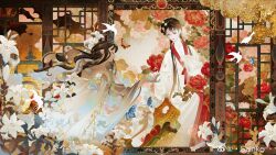 Rule 34 | 2girls, absurdres, architecture, black hair, chinese clothes, east asian architecture, flower, from side, hanfu, highres, lily (flower), long hair, multiple girls, original, peony (flower), profile, sainker, white flower