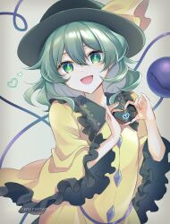 Rule 34 | 1girl, :d, black hat, blouse, bow, bright pupils, buttons, diamond button, eyeball, frilled shirt collar, frilled sleeves, frills, green eyes, green hair, green skirt, hat, hat bow, hat ribbon, heart, heart hands, heart of string, highres, koishi day, komeiji koishi, long sleeves, looking at viewer, medium hair, open mouth, ribbon, shirt, simple background, skirt, smile, solo, third eye, torimarururu, touhou, upper body, wavy hair, white background, wide sleeves, yellow bow, yellow ribbon, yellow shirt