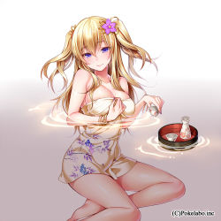 Rule 34 | 1girl, afloat, alcohol, bad id, bad tumblr id, blonde hair, blue eyes, blush, bracelet, breasts, choko (cup), cleavage, copyright name, covered navel, cup, female focus, fingernails, floating, flower, gradient background, groin, hair flower, hair ornament, head tilt, hizuki akira, jewelry, large breasts, light smile, long hair, looking at viewer, nail polish, naked towel, partially submerged, sake, simple background, skindentation, solo, taut clothes, tokkuri, towel, tsurime, twintails, two side up, water, wide hips