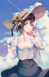 Rule 34 | 1girl, :o, absurdres, bare shoulders, black ribbon, black skirt, blush, breasts, brown eyes, brown hair, cloud, collarbone, commentary, day, dustea, flower, glasses, hair flower, hair ornament, hat, hat ribbon, highres, jewelry, long hair, looking at viewer, medium breasts, original, outdoors, ribbon, round eyewear, shirt, skirt, sky, smile, solo, summer, sun hat, sunflower, watch, white shirt, wristwatch