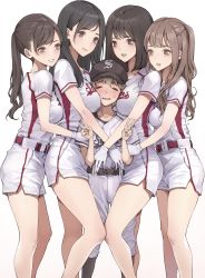 Rule 34 | 1boy, 4girls, absurdres, age difference, baseball cap, belt, between breasts, black belt, black hair, blush, bob cut, breast press, breasts, brown eyes, brown hair, closed eyes, feet out of frame, gloves, harem, hat, head between breasts, highres, hug, koh (minagi kou), long hair, looking at another, medium breasts, multiple girls, open mouth, original, pants, red belt, shorts, simple background, smile, standing, thighs, twintails, v, white background, white gloves, white pants, white shorts