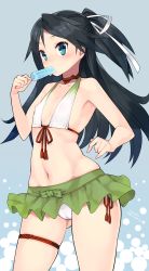 Rule 34 | 10s, 1girl, 2015, adapted costume, armpits, bikini, bikini skirt, black hair, blue eyes, blush, cameltoe, choker, covered erect nipples, dated, flat chest, food, front-tie top, hair ornament, hair ribbon, highres, kantai collection, katsuragi (kancolle), kuro chairo no neko, long hair, looking at viewer, microskirt, mouth hold, navel, one side up, panties, pantyshot, pleated skirt, ponytail, popsicle, ribbon, side-tie panties, simple background, skirt, solo, swimsuit, thigh strap, twitter username, underwear, white panties